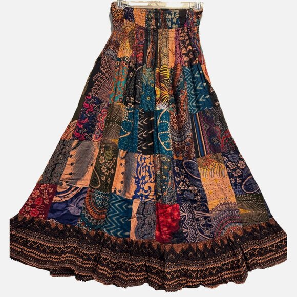Nwt FUNKY STUFF boho hippy patch bohemian smocked rayon SKIRT L - Picture 1 of 4